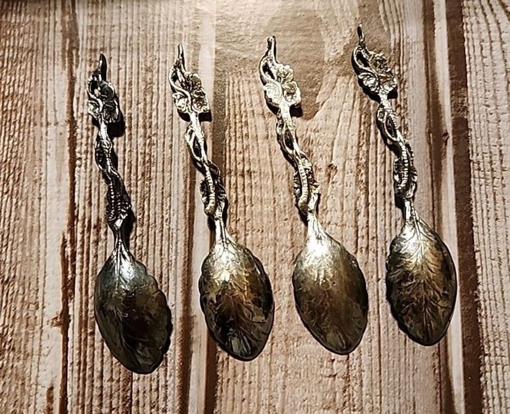 Set Of 4 Vintage Pewter Dimi Spoons With Grape Vine Design - Picture 2 of 5